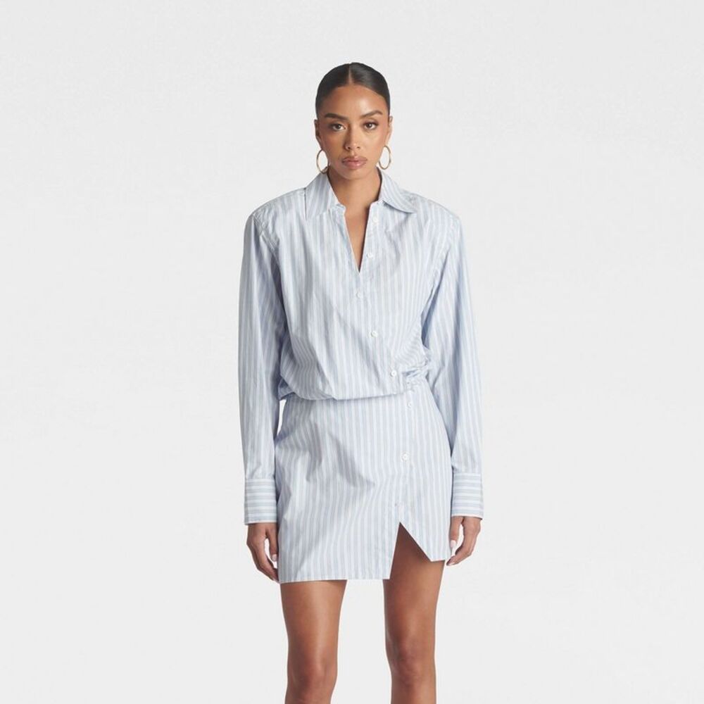 Women's Long sleeve 'The Asymmetric Dress' - Light Blue Pin Striped 4